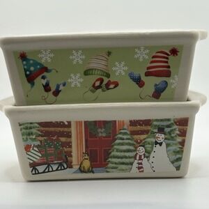 Mini Ceramic Loaf bakeware Pans, Set of 2 Winter Christmas Theme bake